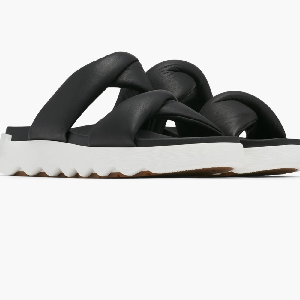 SOREL VIIBE BLACK LEATHER PLATFORM TWIST SANDALS SLIDES 6